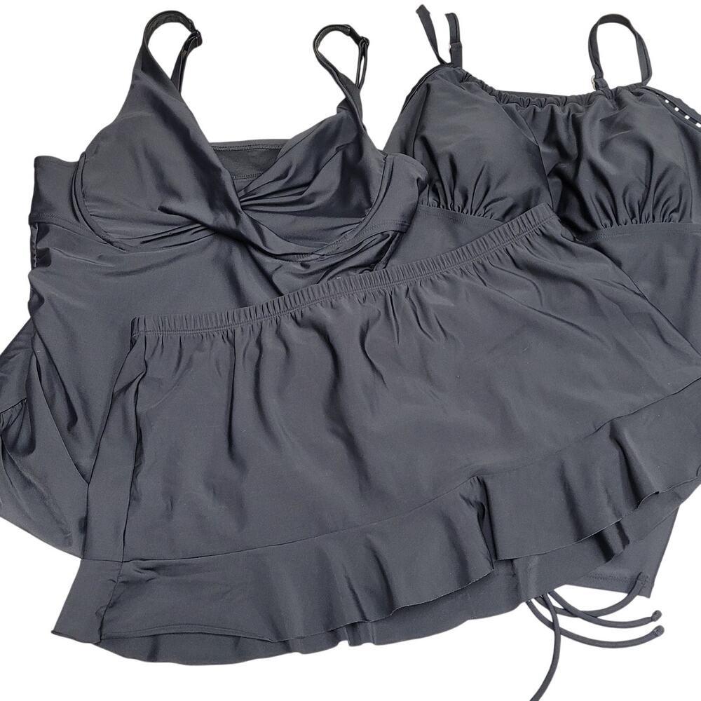 Black Swimwear Lot of 3 Tankini Tops Skirt Bottom Catalina Kona Sole Aqua Green